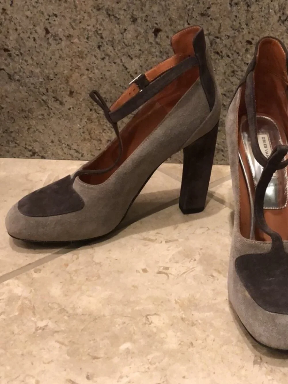 New Dries Van Noten t-strap cutout colorblock suede block heel square toe pump